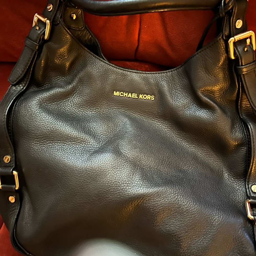 Michael Kors Black Pebbled Leather Shoulder Hobo with Gold Hardware
